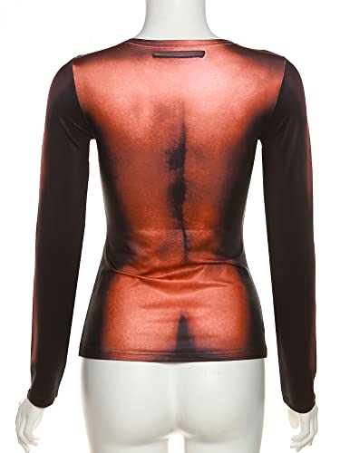 Y2K AESTHETIC BODY PRINT T-SHIRT WOMEN HIPSTER STREET ROUND NECK LONG SLEEVE 3D SLIM TOPS ATTIREWEAR CLOTHING (ORIGINAL TEES,L,LARGE)