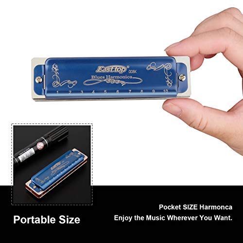 Easttop Professional Harmonica Blues Key of E 10 Hole 20 Tone Heavy Duty with Case & Cleaning Cloth for Professional Player, Beginner, Students, Children, Kids, Blue,Best Gift