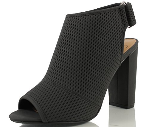 Delicious Women's Afina Faux Nubuck Leather Perforated Slingback Peep Toe High Heel Ankle Boot (Black, 7 M US Women)