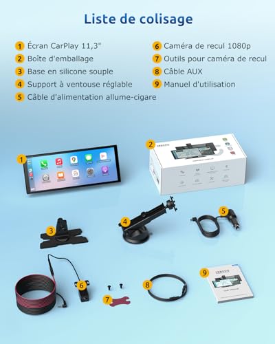 ESSGOO CarPlay Voiture, Supporte CarPlay sans Fil et Android Auto, Écran Tactile IPS 11,3 Pouces, Caméra Avant 4K et Caméra de Recul 1080P, Bluetooth 5.3, GPS, FM, AUX, Mirror Link