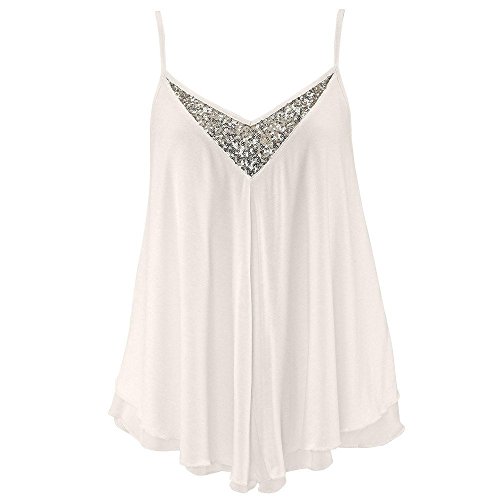 Elaco Women Tank Tops, Womens Sequins V Neck Chiffon Vest T-Shirt Ladies Summer Blouse (White, XL)