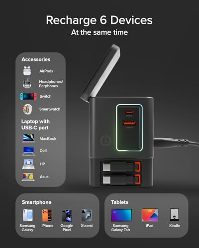 SBS Power Dock 6in1 100W USB-C, Wireless Charging 15W, Compatible with MagSafe, Power Delivery (PD 3.0 PPS), Charging Station with 2 Retractable Cables, Adapter for Laptop, iPhone, AirPods, Black | Power Delivery (PD 3.0 PPS) Charging Station with 2 Retractable Cables Adapter for Computer, iPhone, Black