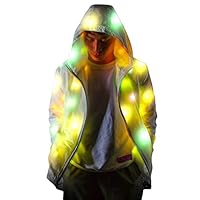 Bonamana Mens Womens LED Light Up Jacket Cool LED Luminous Flashing Coats Colorful Costume Hip-hop Glowing Hoodie (XXL) White