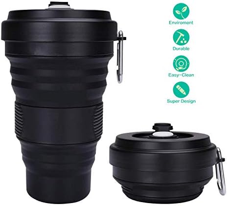 Upgraded Collapsible Coffee Cup,Reusable Portable Travel Mug Lightweight Silicone Folding Coffee Cups Leak Proof 3 Adjustable Sizes, 550ml(Black)