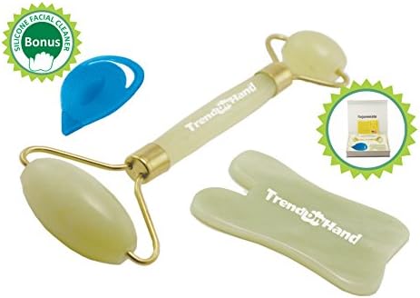 Jade Roller & Gua Sha Set by Trend On Hand | 100% Natural Jade Stone | Handmade | Anti Aging Skin Therapy Massager for Facial Slimming | Soft Silicone Scrub for Face and Neck Rejuvenation