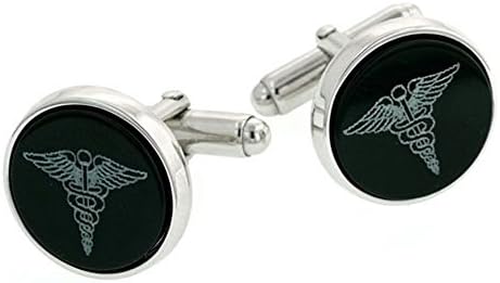 JJ WestonSterling Silver Onyx Etched Caduceus Doctor Cufflinks. Made in the USA.