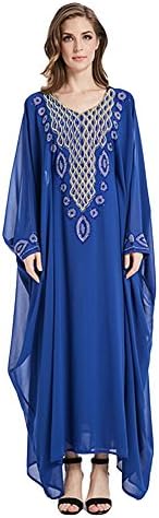 XIANIWTA Women Muslim Dress Rhinestone Long Cloak Batwing Sleeve Mid-east Arabic (Blue)