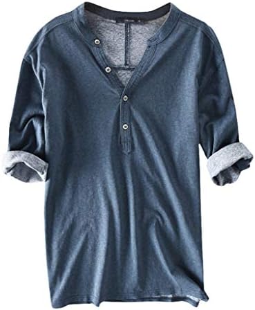 Men's Cotton T-Shirt Nuewofally V Neck Button Down Half Sleeve Henley Shirts Basic Casual Tees Solid Tee Tops （Blue,L）