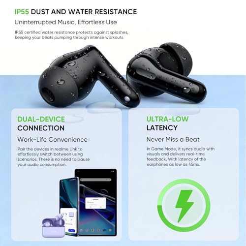 realme Buds T200 Auriculares Inalámbricos con 32dB ANC, 50H de Batería, Auriculares Bluetooth TWS In-Ear con 12,4 mm Hi-Res Audio Controlador y 3D Audio Espacial, IP55 Audífonos, Blanco