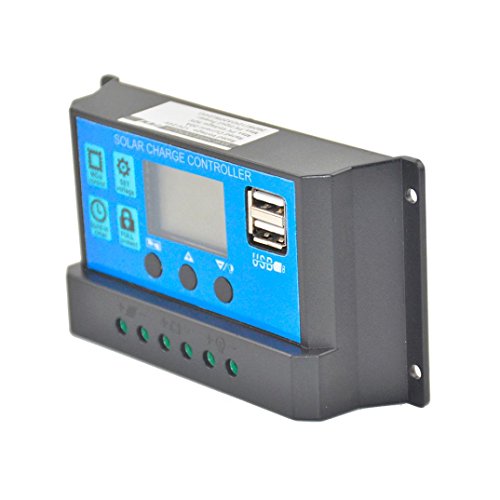 Tiean 10A/20A/30A/40A/50A/60A 12V-24V Solar Panel Regulator Charge Controller With Double USB Ports Charge for Phone (Blue30A)