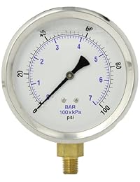 Pic Gauge 201l 404e relleno de glicerina Industrial Monte Medidor de presión inferior con acero inoxidable caso, latón Internals, tamaño de lente de plástico, 4" Dial, tamaño de 1 4" macho NPT Conexión, Rango de 0 100 PSI