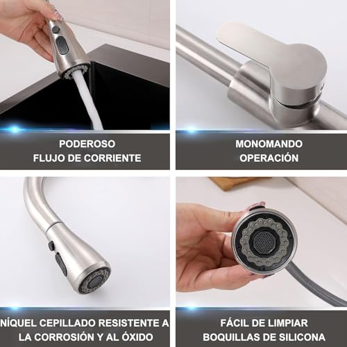 Grifo Mezcladora para Fregadero de Cocina de Acero Inoxidable, 360º Giro Mezcladora para Fregadero, Llave para Fregadero de Acero Inoxidable con 2 Modos de Agua (Plata)