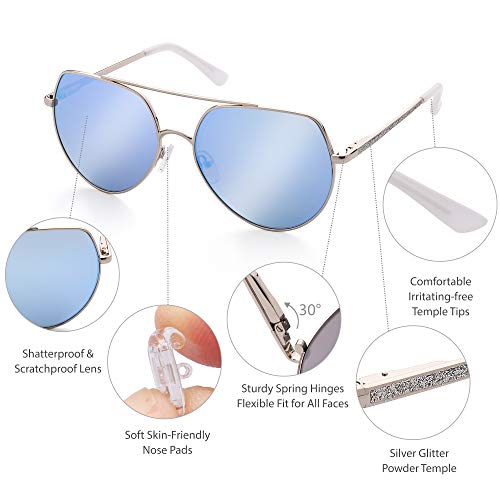 LotFancy Aviator Sunglasses for Women with Case, UV400 Protection, 58MM, Lightweight Eyewear for Driving Fishing Sports, Non Polarized, Revo Blue Mirrored Lens, Silver Metal Frame