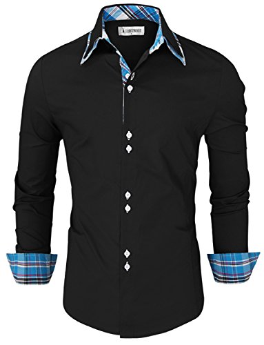 Tom's Ware Mens Trendy Slim Fit Inner Checkered Button Down Shirt TWNMS323S-BLACK-US M