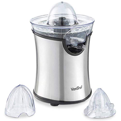 VonShef 220 240 Volt Citrus Fruit Juicer Machine 100W for Orange, Lemon, Lime Juice - Electric with Interchangeable Cone Attachments - Bundle With Dynastar Plug Adapter | (Not For USA)
