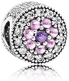 Angelbeads Charm Fit Bracelet 925 Sterling Silver Floral Charm with Fancy Purple Pink and clear cubic zirconia