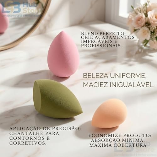 Kit Esponja e Pincel de Maquiagem Profissional com Estojo Kabuki Hexagonal Esponjas Gota 3D e Cogumelo para Base Corretivo Contorno Pó Blush Iluminador Acabamento Natural