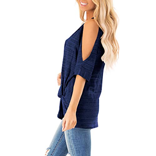 Summer T Shirt Women Half Sleeve Cold Shoulder Casual Tunic Top, Loose Twist Knotted Tops Blouse, Hot Fashion Tee for Lady Blue - Thumbnail 2