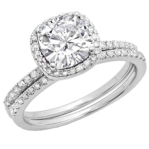 Dazzlingrock Collection Cushion Lab Created White Sapphire & Round Natural White Diamond Bridal Halo Engagement Ring Set…