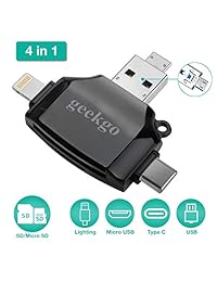 Geekgo - Lector de tarjetas SD&Micro SD para Apple iPhone, iPad, Android, teléfono, MacBook, ordenador, adaptador de tarjeta de memoria con USB C, Micro USB, 4 interfaces, imagen y vídeo para cámara (negro)