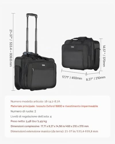 Borsa per Laptop e Computer con Rotelle, 43,9 cm, Valigetta con Ruote Girevoli e Maniglia Telescopica Tessuto Oxford, Custodia per Laptop per Lavoro, Viaggi, Sagga per Affari, Nero