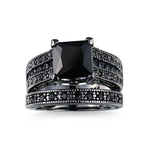 Auwer Rings, 2-in-1 Womens Vintage White Diamond Silver Engagement Wedding Band Ring Set (US Size 6, Black)
