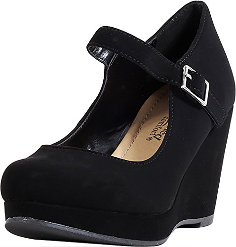 City Classified Women's Mary Jane Strappy Wedge Platform Sandal (5.5 B(M) US, Black Nubuck)