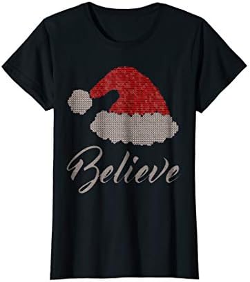 Believe in Christmas T-shirt Funny Santa Hat Rhinestone Tee
