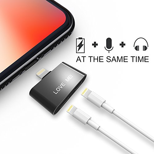 LoveMei 2 in 1 Lightning Headphone Adapter, Iphone Charge and Headphone Adapter, Lightning Audio Adapter for Iphone x, 8/ 8Plus, 7/ 7Plus. IPhone Splitter, Black