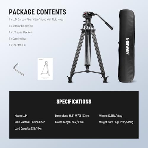 NEEWER LL34 78" Carbon Fiber Camera Video Tripod Quick Release 1 Step Adjustable Damping Fluid Head, 2 Mode QR Plate, Compatible with DJI RS 501PL, Max 22lb