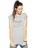 FV RELAY Women's Fitted Han.gry Print Crew Neck Short Sleeve Tee Shirt Top Gray
