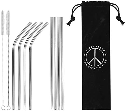 Stainless Steel Straws Set of 8 Silver Metal Reusable Drinking Straws Fit Tumbler Cups 20oz Yeti RTIC Ozark 4 Straight,4 Bent,2 Brushes Dishwasher Safe Eco-Friendly 8.5inch Long ¼ inch Diameter