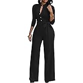 LalaLin Sexy 3/4 Sleeve Jumpsuit for Women V Neck High Waisted Long Wide Leg Pant Button Down Party Romper with Belt Black