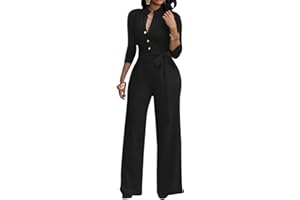 LALALIN Sexy 3/4 Sleeve Jumpsuit for Women V Neck High Waisted Long Wide Leg Pant Button Down Party Romper with Belt