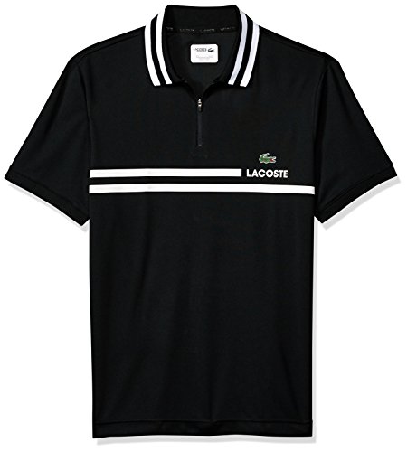 Lacoste Men's Short Sleeve Pique Fine Stripe With Jacquard Collar and Zip Placket Polo, DH3318, Black/White, L