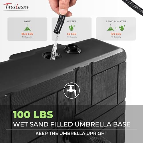 FRUITEAM Umbrella Base with Wheels, 100 LBS Heavy Duty Patio Umbrella Stand, Fillable Weighted Umbrella Base Holder for Patio, Deck, Poolside, Rust-Resistant and Windproof Design - Black