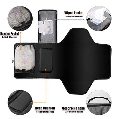 Portable Changing Pad - Baby Diaper Mat - Lightweight Travel Diaper Station Kit with Front Wipe Pocket & Built-in Pillow Large Waterproof Mat (Grey)