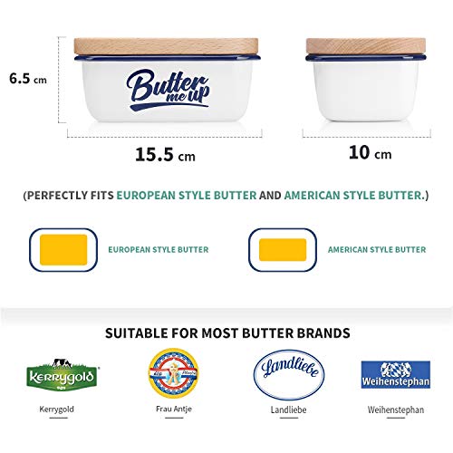 SveBake Butter Dish - Enamel Butter Boat with Beechwood Lid, Butter me up, White