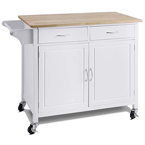 WATERJOY Rolling Kitchen Buffet Cart, Wood Utility Kitchen Storage Island Cart with Wood Top, Antique White(43" x 19.5" x 35.5")