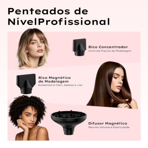 GOKOCO Secador de Cabelo Dobrável de Alta Velocidade,Bivolt,GD045 Motor Brushless 110.000 RPM,Íons Negativos,4 Temperaturas,3 Velocidades,com Difusor e Bicos Modeladores para Viagem,Ouro