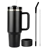 40oz Insulated Tumbler with Handle and Straw Lid – Black Stainless Steel Travel Mug – Leakproof, BPA-Free, Fits Cup Holders – Ideal for Cold & Hot Drinks, Coffee or Protein shake.