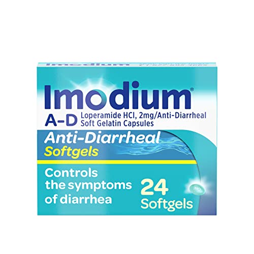 Imodium A-D Anti-Diarrheal Medicine Softgels with 2 mg Loperamide Hydrochloride per Capsule, Diarrhea Relief to Help Control Symptoms Due to Acute, Active & Traveler's Diarrhea, 24 ct.