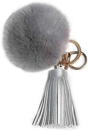 RitzyBay Bunny Rabbit Fur Pom Pom Keychain with Tassel