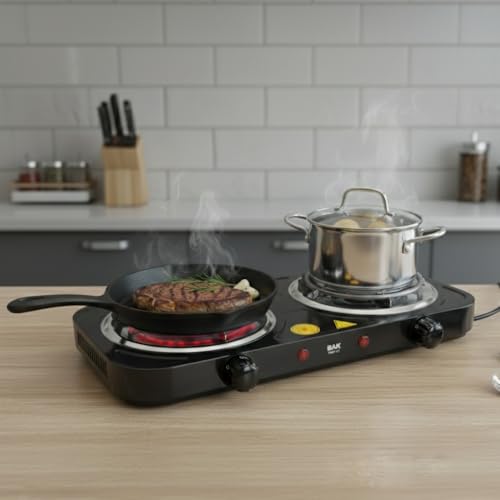 Fogão Elétrico 2 Bocas Cooktop de mesa 220v – Fogareiro Portátil Cooktop de Mesa para Camping, Viagem e Uso Doméstico (Preto)