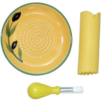 Cooks Innovations Ceramic Grater Plate 3 Piece Set - Grater, Peeler, Brush - Beautiful Olive Design - Yellow & Green