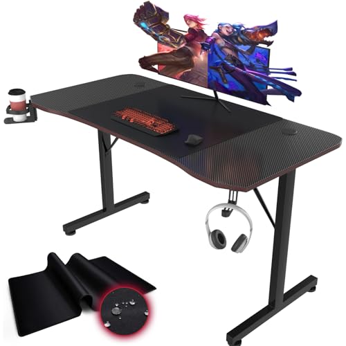 Devoko Gaming Tisch 140x60cm，Großes Mauspad und Getränkehalter,Schwarz
