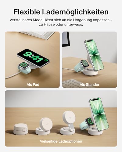 UltraCharge Pro MagSafe Ladegerät, Induktive Ladestation, Qi2.2 25W Verstellbarer 2-in-1 Wireless Charger für iPhone 17, Apple Watch Series 10, Pixelsnap usw. (Inkl. 45-W-Netzteil) – Sandfarben