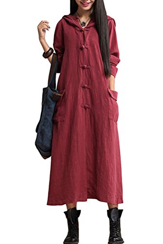 Mordenmiss Women's Trench Coat Cotton Linen Hoodie Jacket Long Sleeve Chinese Frog Button Outfit Style 3 M Burgundy