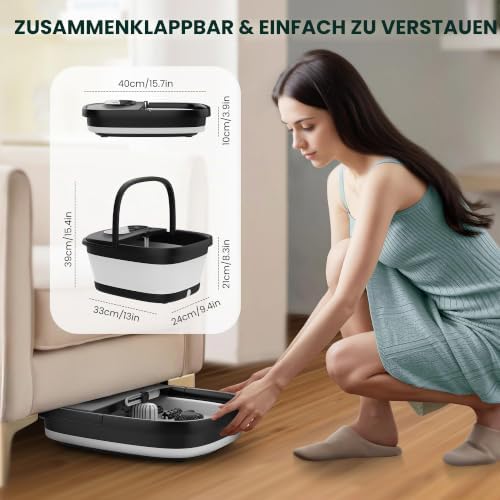 klappbares Fußsprudelbad mit Massage und Heizung, Fußbad mit 14 Heizstufen | Shiatsu-Rollen | Blasen | Rotlicht | Timer, Fußwanne elektrisch 35℃-48℃, faltbares Fußmassagegerät