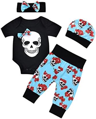 SMTSMT 4pcs/Set Newborn Baby Boys Girls Outfits Flower Skull Romper Jumpsuit Pants Suit (0-3 Months, Black)